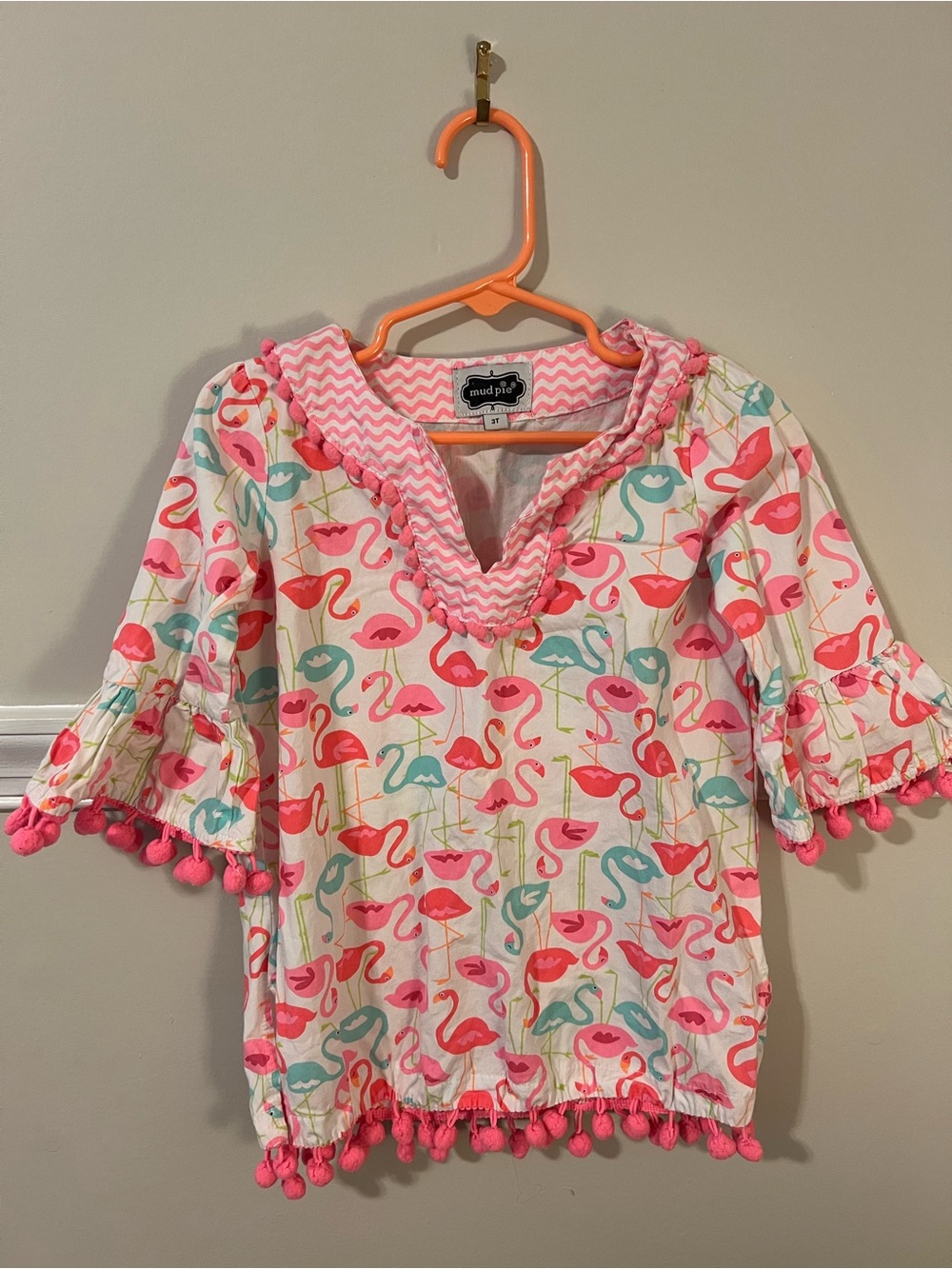 Mud Pie Flamingo Pom-Pom Beach Cover - Pink & Teal